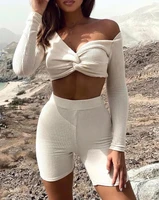 two piece sets for women harajuku style outfit ribbed twist crop top high waist shorts set simple v neck long sleeve blouse suit