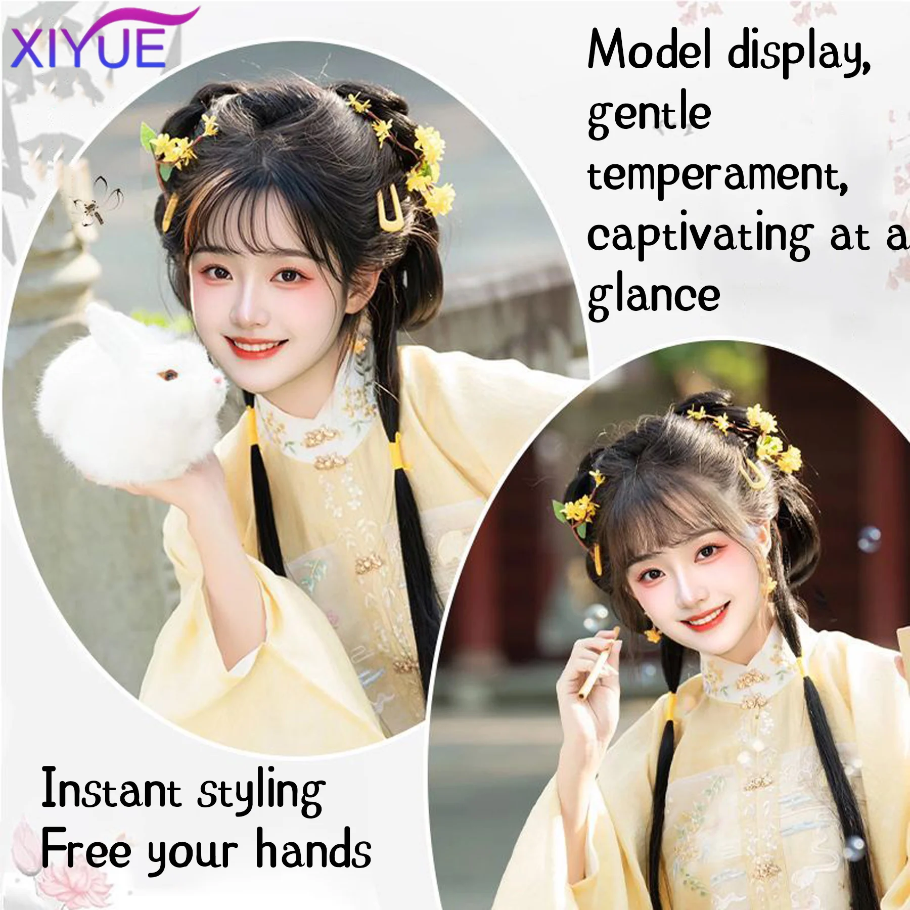 Chinese Ancient Wig Women Hanfu Wigs Headdress Photography Dance Accessory Black For Integrated Hair bun High tem