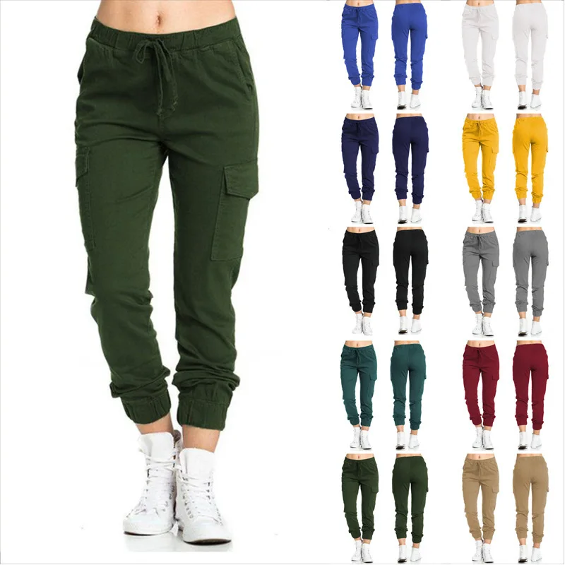 

2022 New Solid Jogger Women's Cargo Pants Multi-Pocket Drawstring Elastic Waist Women Sports Pants Streetwear Casual Long Pant
