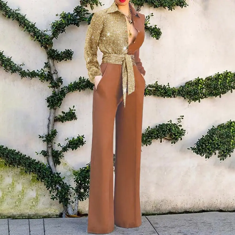 Turn-Down Collar Long Sleeve Wide Leg Women Jumpsuit Shiny Patchwork Color Belt Pockets Jumpsuit Romper Overalls for Office