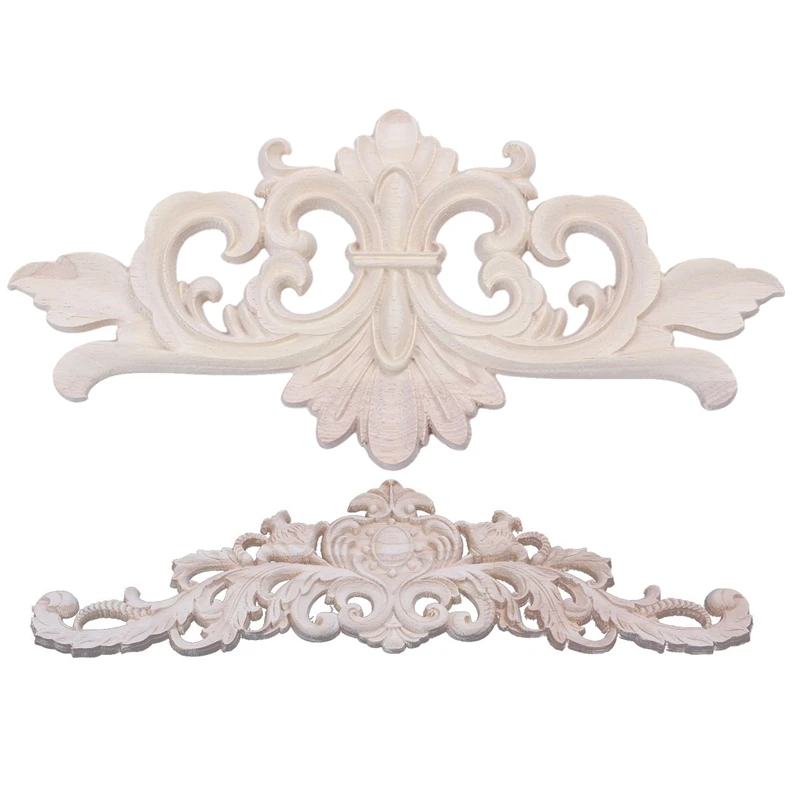 

2X 40X12cm & 22X10 Cm Exquisite Classic Rubber Wood Carved Applique Furniture Natural Decal Wood Color