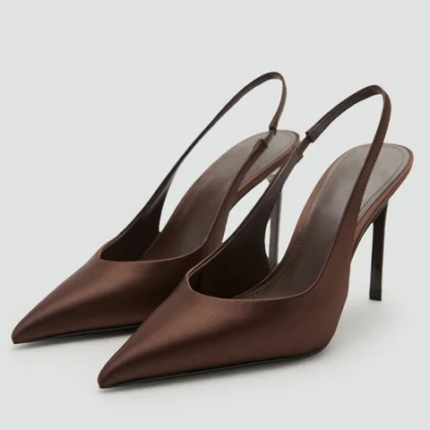 Коричневые атласные женские туфли-лодочки с открытой пяткой, пикантные женские туфли на высоком каблуке-шпильке с острым носком, элегантные модельные туфли, удобная офисная обувь