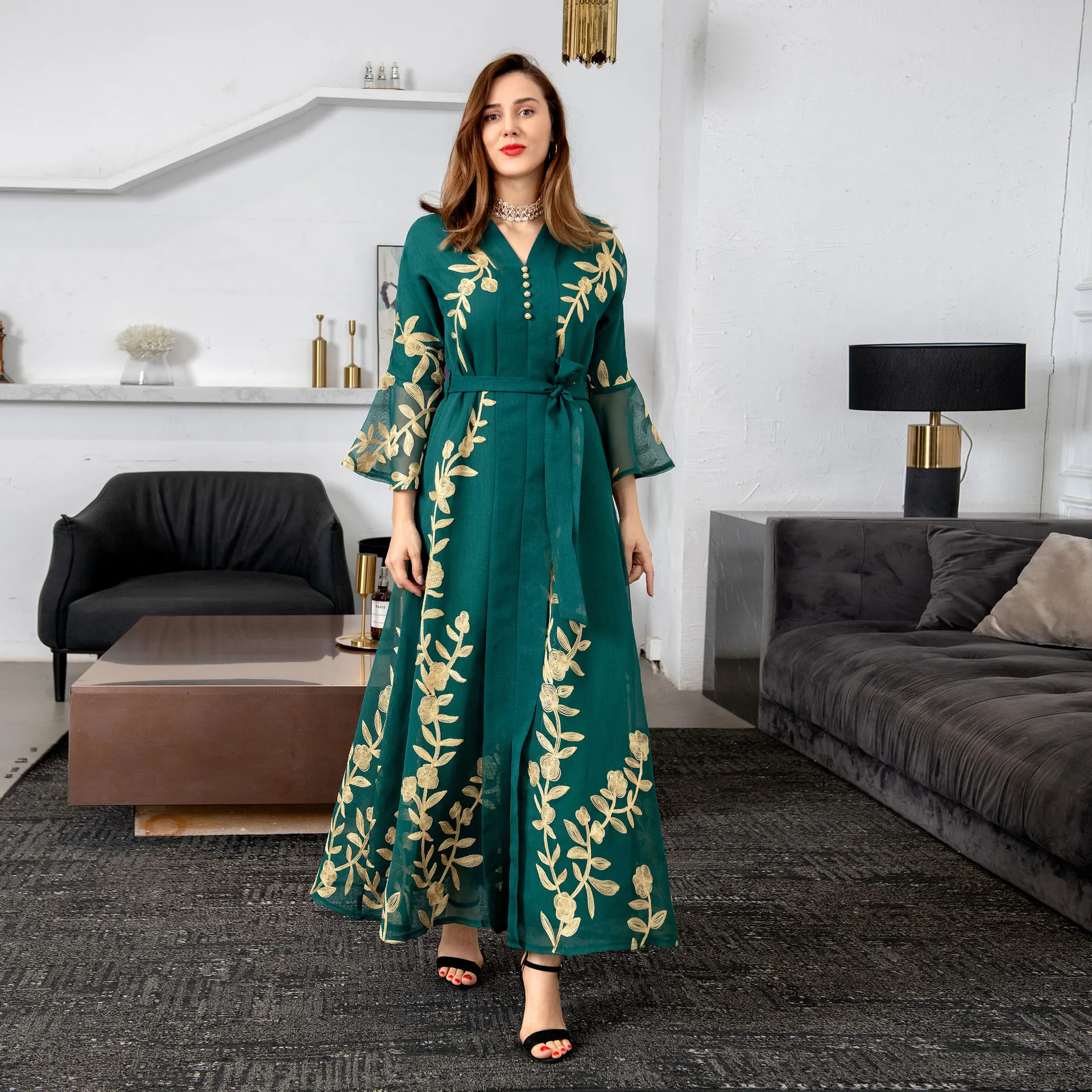 Muslim Summer Golden Mesh Leaf Embroidered Flare Sleeves Women's Temperament Evening Dress Arabic Dress Muslim Dress