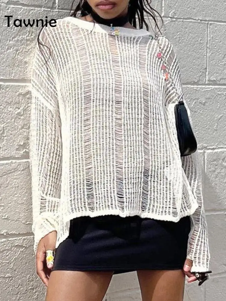 

Tawnie 2022 Summer Knitted Hollow Out Long Sleeve T Shirts Women Oversized See Through Y2K Vintage Sexy Pullover Tops Beach