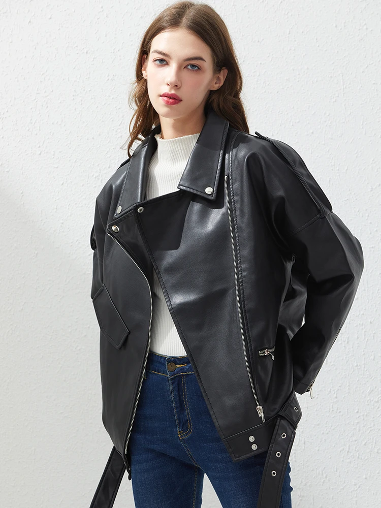 

YIYANSHI Female Tops BF Style Black Leather Jacket Coat PU Faux Leather Jacket Women Loose Sashes Casual Biker Jackets Outwear