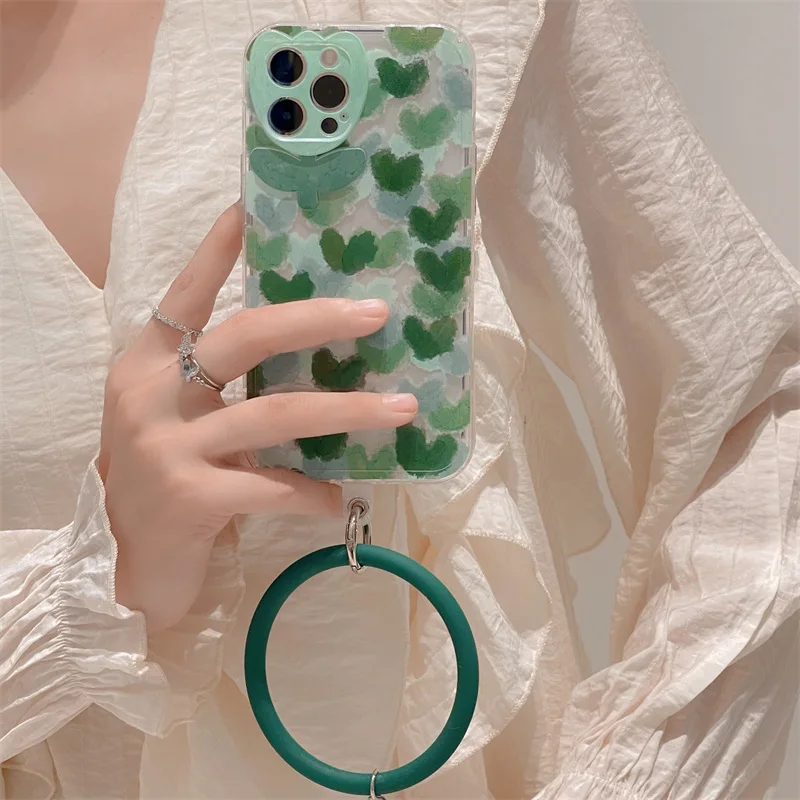 

INS Fashion Green Hearts Camera Protector Phone Case For iPhone 13 Pro Max 11 12 Pro Max XR X XS Max 7 8 Plus Soft Back Cover
