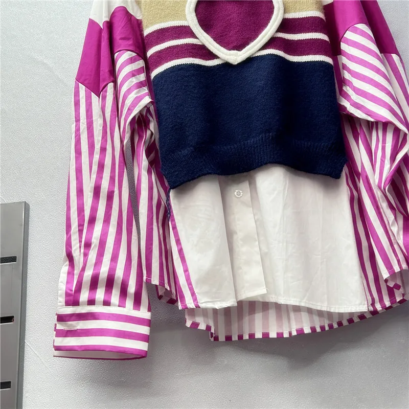 DEAT женская рубашка свободная лоскутная блузка из 2 предметов вязаная однобортная