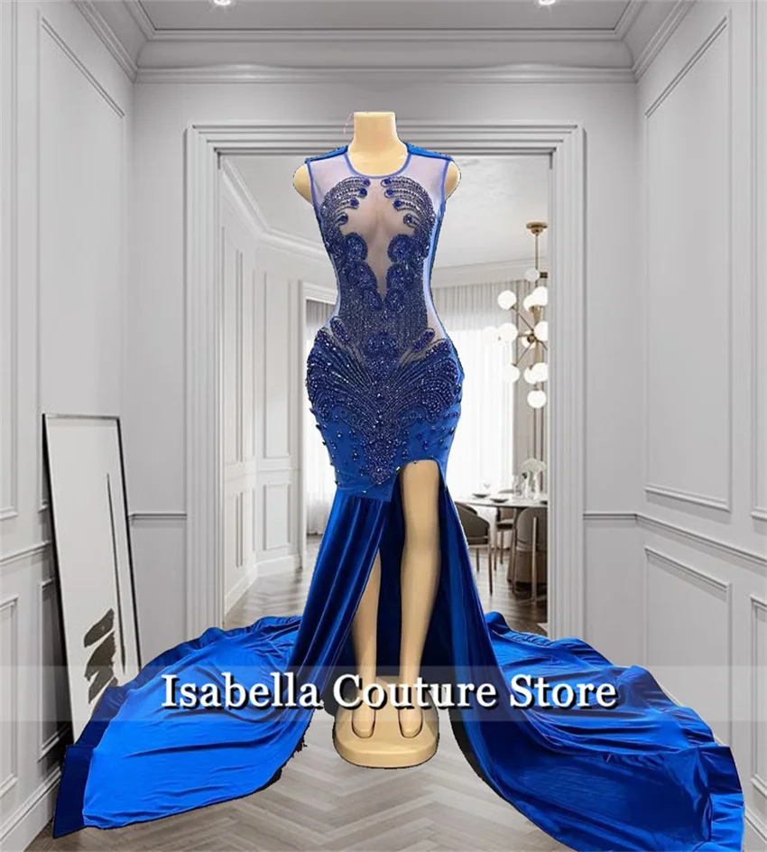 Изысканное королевское синее платье русалки для выпускного вечера с разрезом