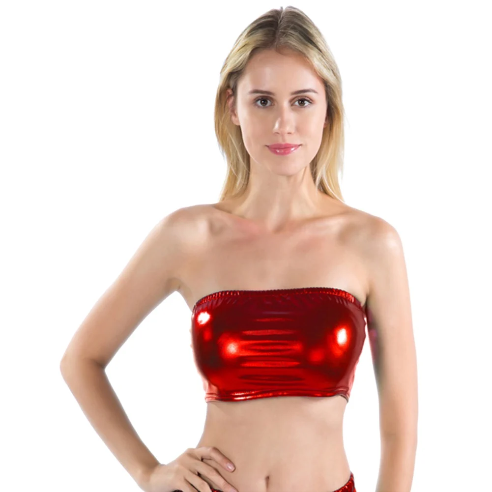 

Women's Sexy Solid Color Nightclub Laser Tube Top Stylish Soft Glossy Sparkly Wrapped Chest Dance Stage Party Costume