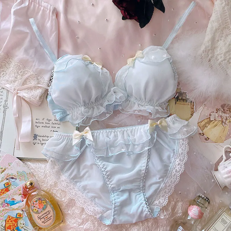 Girl lolita simple bra panties set cute pure desire bralette lingerie with underpants suit no steel ring triangle cup bra set