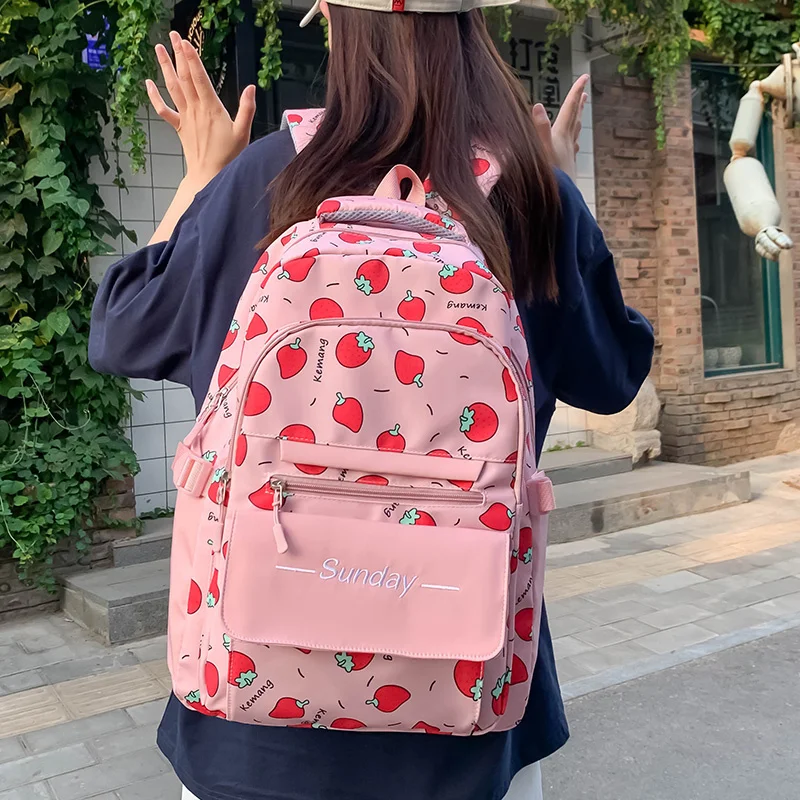 

Pink Strawberry Print Ladies Backpack Large Capacity Waterproof Nylon Picnic Travel Backpack Teenage Schoolbag Laptop Bag