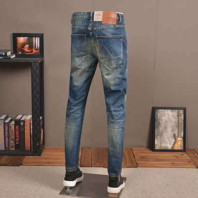 Autumn Men Retro Blue Jeans Streetwear Slim Fit Straight Pants Korean Style Vintage Scratched Denim Trousers CP2031