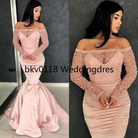 rose pink prom evening dresses 2022 off the shoulders long sleeve see through with beadings pageant gowns