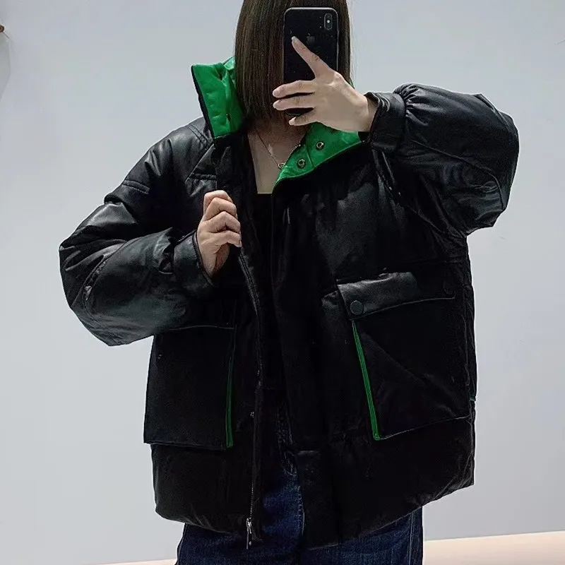 Leather Jacket Winter Women's Sheepskin Goose Down Jacket Female Warmer Short Leather Down Sheep Skin Stand Collar Bread Outwear