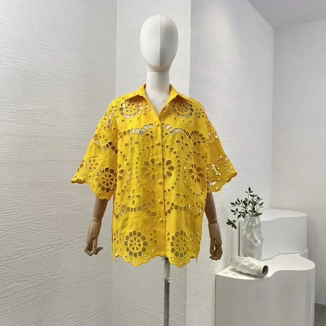 Чистый лен желтый 2024 высококачественная свободная блузка с цветочной вышивкой и