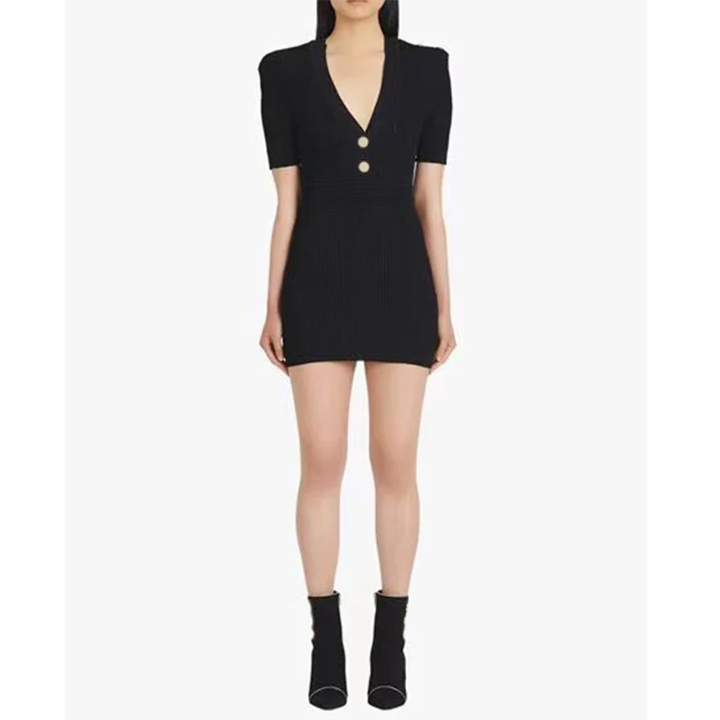 

2022 Spring Runway Short Sleeve Padded Shoulder Gold Button Waist Hugging Elegant Dresses For Women Fashion Party Bodycon Dress