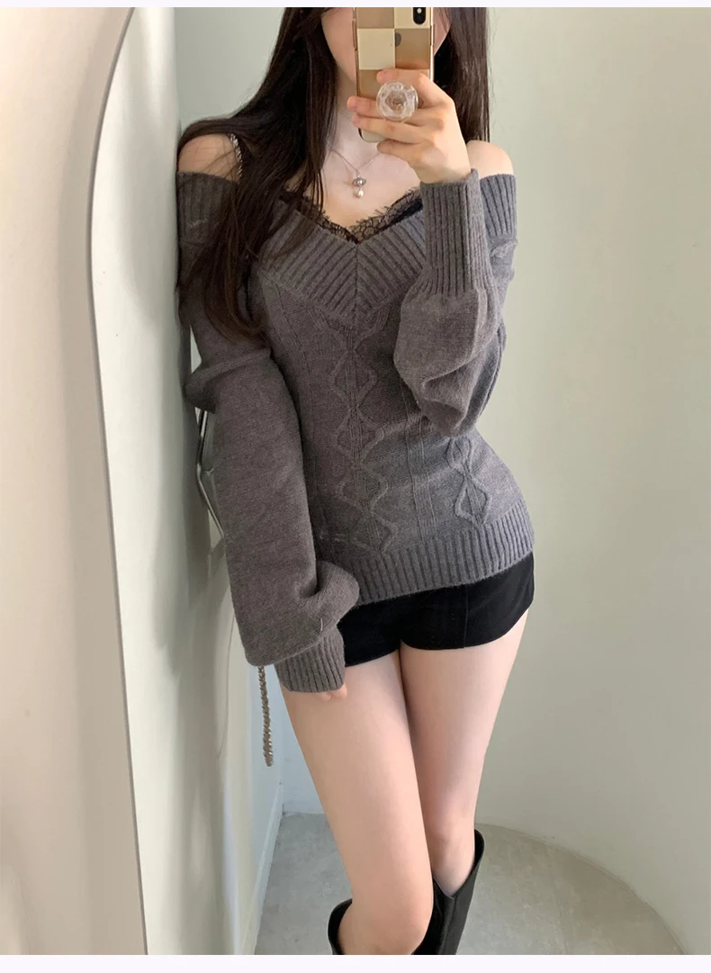 FIGOHR корейский облегающий вязаный свитер с v-образным вырезом и длинными рукавами