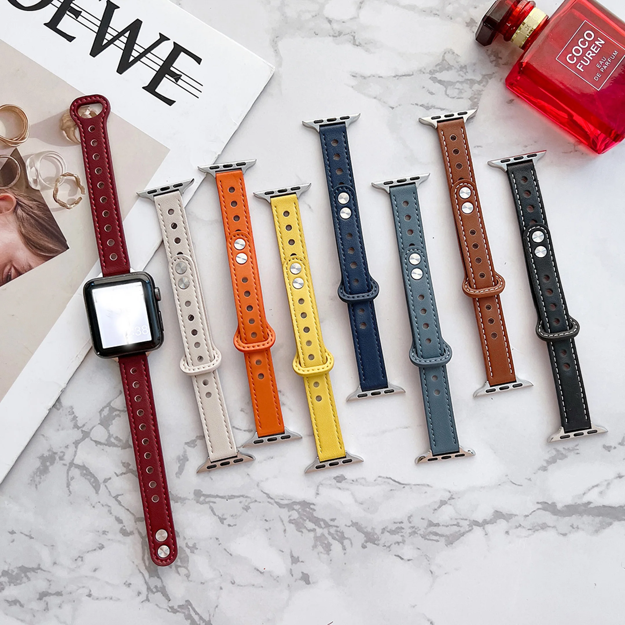 Strap For apple watch 8 7 41 45mm Ultra 49mm 38 40mm 42mm 44mm band women Girl Slim Leather bracelet for iwatch 6 se 5 4 3 Loop