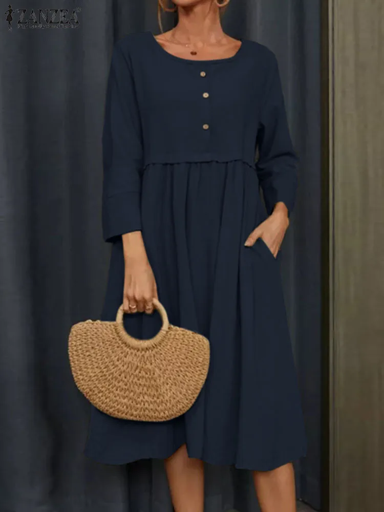 

ZANZEA Autumn Spring Mid-Calf Length Dresses Elegant Women's Dress Female 3/4 Sleeve O-Neck Solid Sundress Stylish Loose Robe