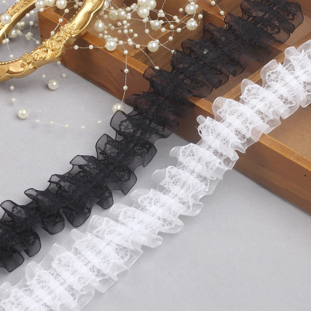 

40yards/Lot Ruffled Lace Edge Trim White Black 4cm Wide Double Layer Pleated Ribbon Fabric Hem For Doll Dress Making