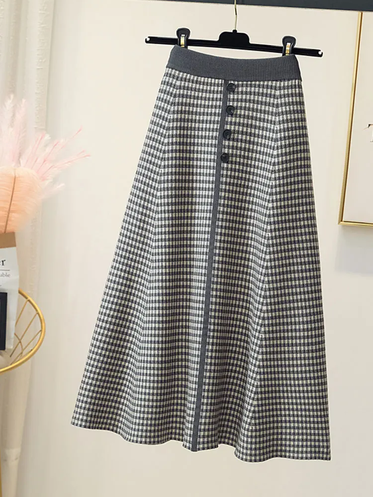 

Женская винтажная клетчатая юбка TIGENA, трапециевидная трикотажная Повседневная Теплая юбка средней длины с высокой талией, Осень-зима