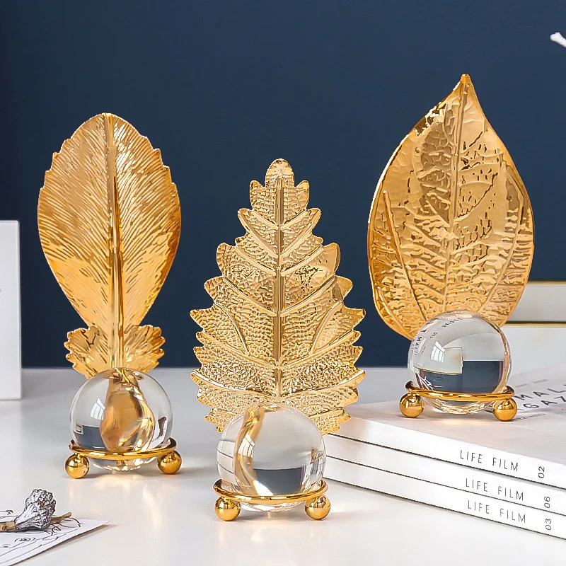

Artwork simple light luxury golden leaf crystal ball ornaments home study table ornaments living room desktop metal ornaments