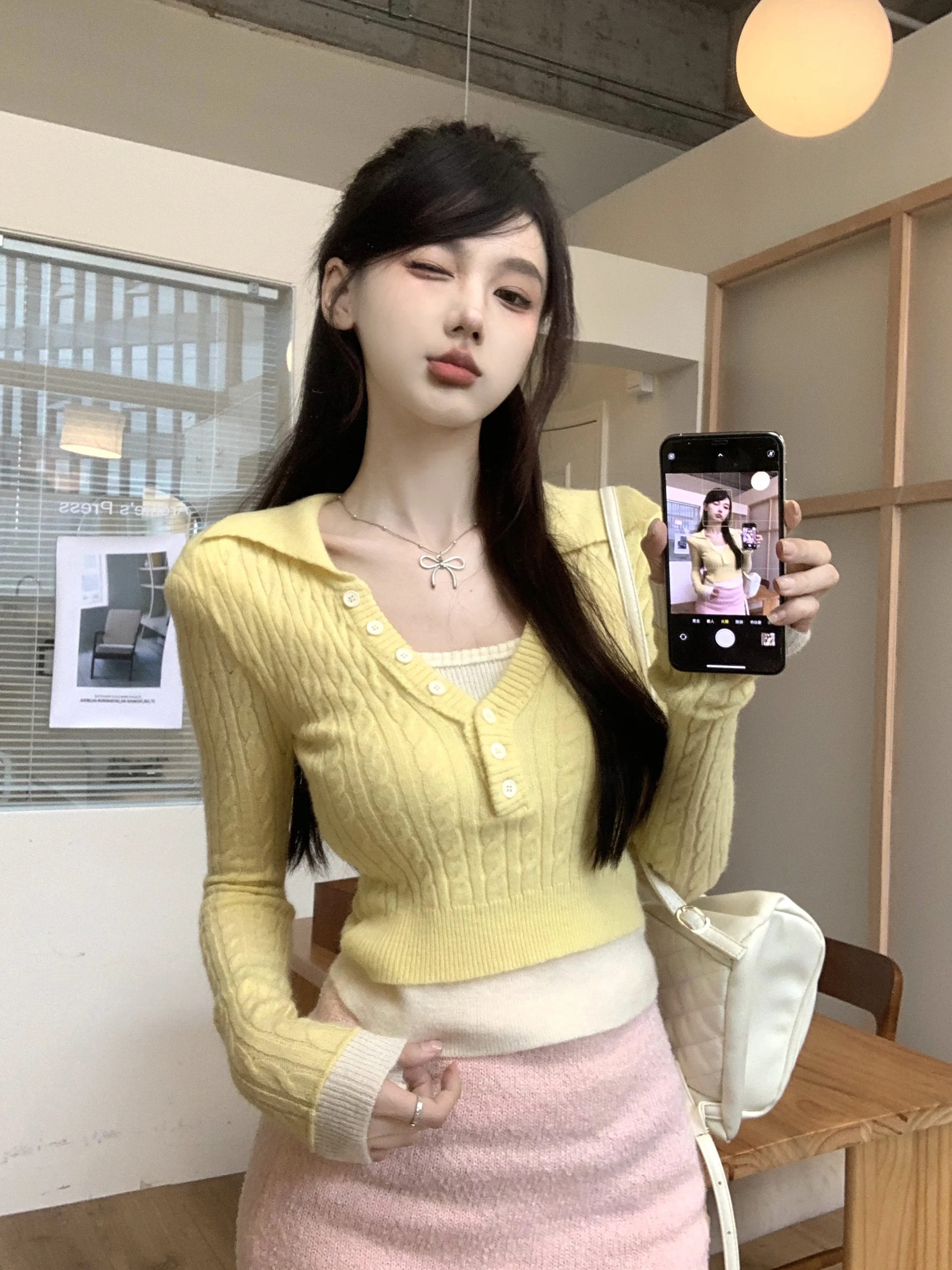 Желтый вязаный женский костюм Gyaru из двух предметов осенне-зимний новый дизайн