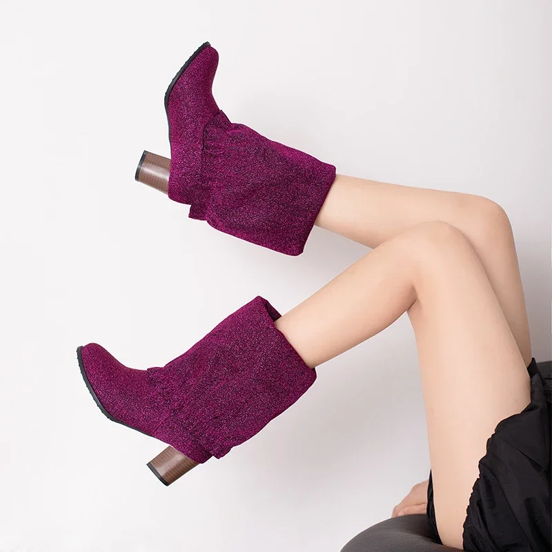 Модные ботинки из блестящей ткани с блестками и перевернутым краем фиолетовые