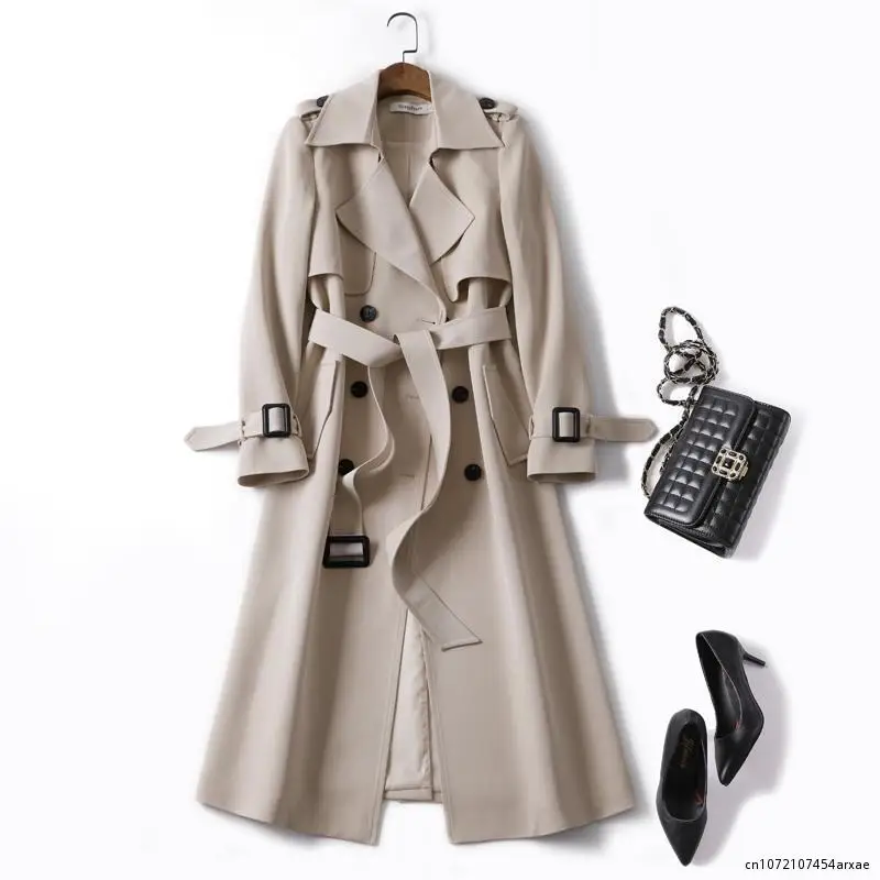 

2023 Spring Autumn Middle Long British Style Coat Coat Fashionable Solid Color Lapel Double Row Button Women's Coat Windbreaker
