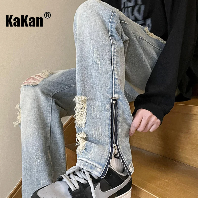 Kakan - New European and American Men's Wear Perforated Straight Leg Jeans, Relaxed Design Sense Vintage Long Jeans K24-ASN713