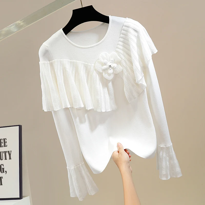 

2022 New Fall Knit Pullover Diamond Sweet Flower Decorative Ruffled Flared Sleeves Sweaters for Women Female Knit Sweater Jumper