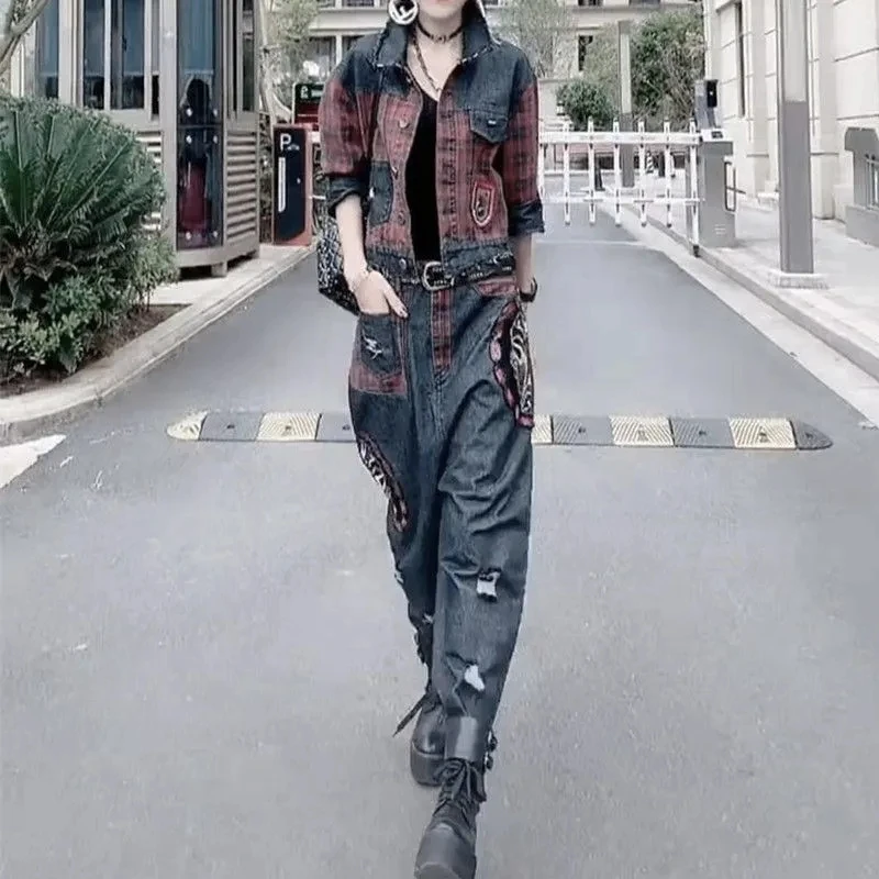 

Women Cowboy Suit Spring Autumn Fashion Loose Casual Printed Plaid Denim Jacket + Harlan Jeans 2 Piece Set Female Ensemble Femme
