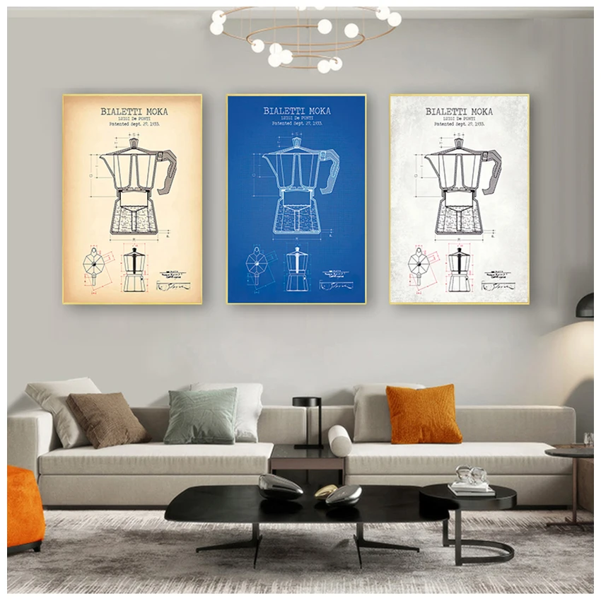 Picture Canvas Painting Kitchen Wall Art Decor Coffee Pot Patent Posters and Prints Bialetti Moka Poster Blueprint