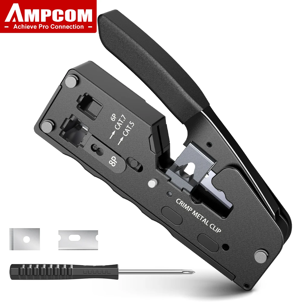AMPCOM rj45 щипцы CAT7 обжимной инструмент для прохода через RJ11 RJ 45 разъем CAT6 CAT5E Модульные вилки с резцом для зачистки проводов