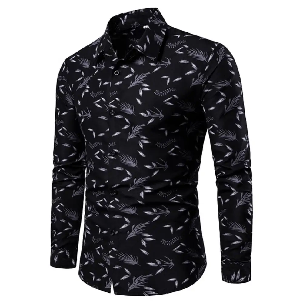 

Long Sleeve Slim Print Casual Turn Down Collar Shirt Buttons Women Leaf Plus Size Shirt