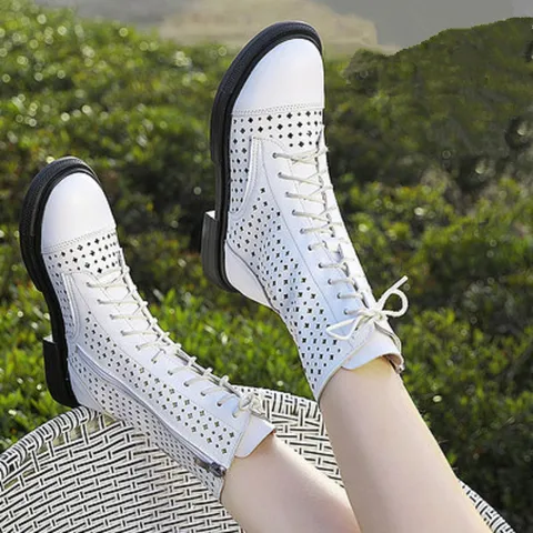Женские ботинки до середины икры, ажурные ботинки из натуральной кожи на толстом каблуке, с перекрестной шнуровкой, с микрофиброй, в стиле пэчворк, лето 230304