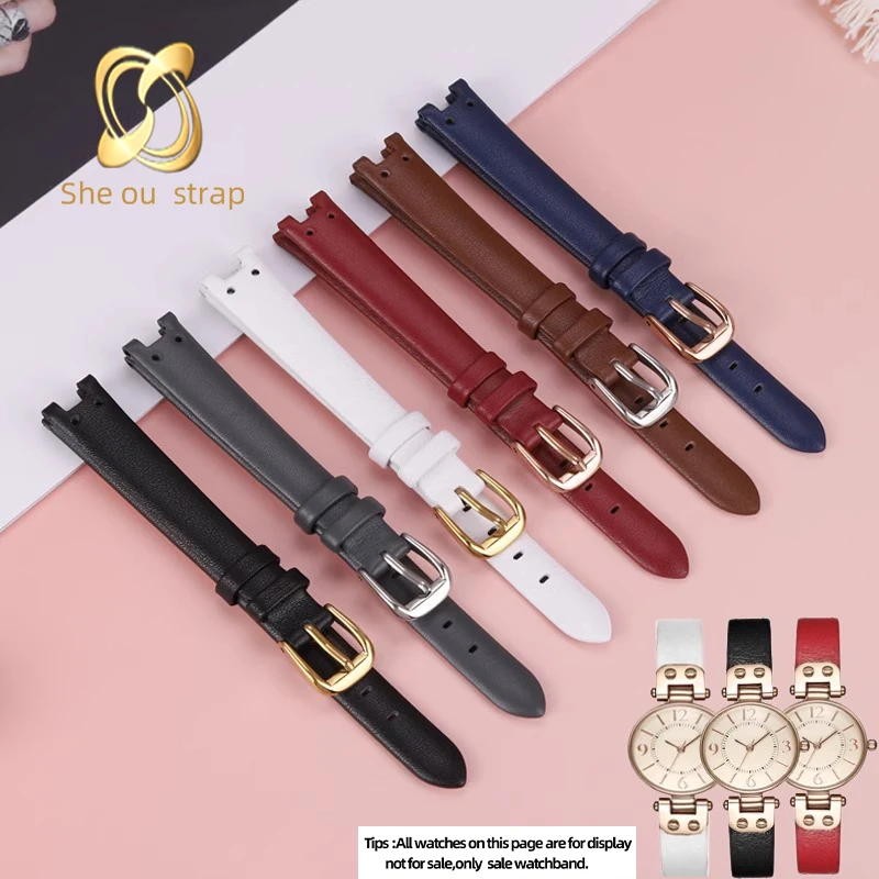 Leather watch band ForAnne Klein AK2156/2157/2618 cowhide WatchStrap 12MM Pin buckle Concave joint White Red Black Womens’