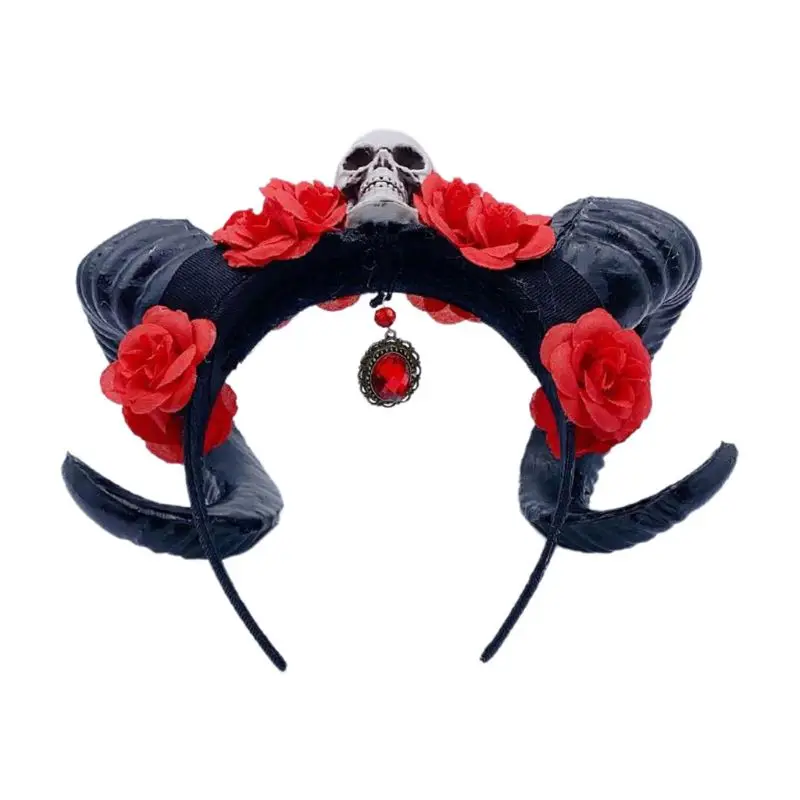 

Skull Red Rose Sheep Horn Headband Forest Animal Cosplay Costume Hair Hoop Halloween Day of the Dead Jewelry Headpiece
