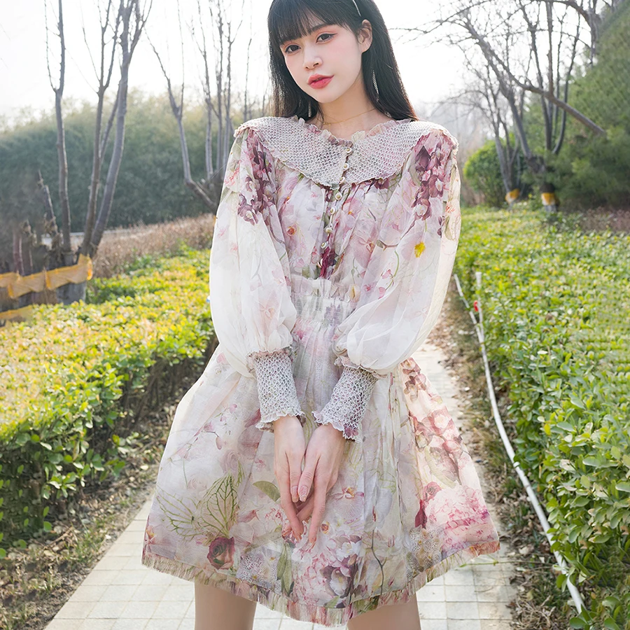 

Grid Design Sexy Dresses Floral Print Patchwork Female Elegant Dresses for Women Party Mini Dress Folded Fluffy Vintage Print