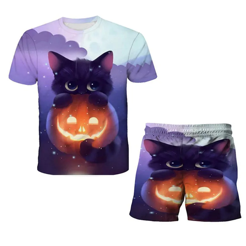 

Спортивный костюм для мальчиков, футболка с изображением кота и животных + штаны, летний детский Модный повседневный комплект из футболки с короткими рукавами и мультяшным принтом, 2 предмета