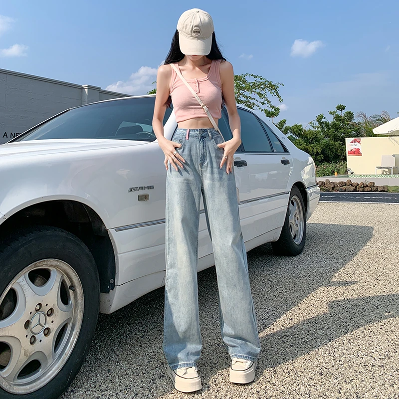 Jeans Female Blue Spring/Summer Commuter Student Thin High Waist Wide Leg Pants New Small Versatile Floor Dragging Pants