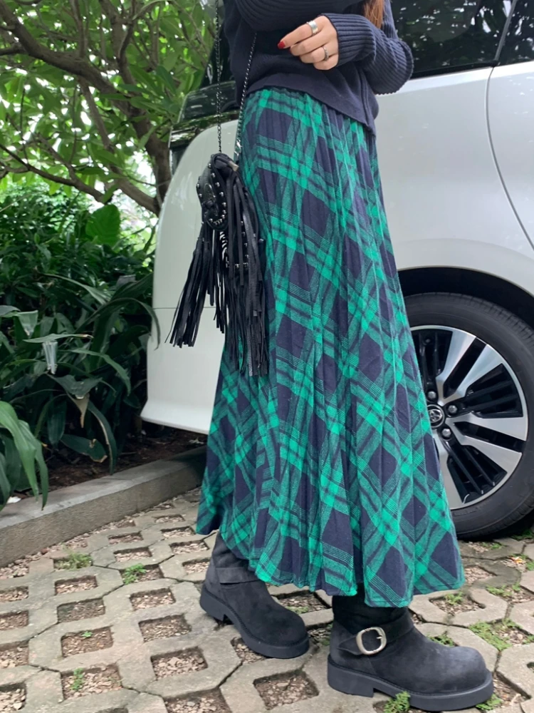Осень-зима 2024 зеленая плиссированная юбка в складку Женская клетчатая