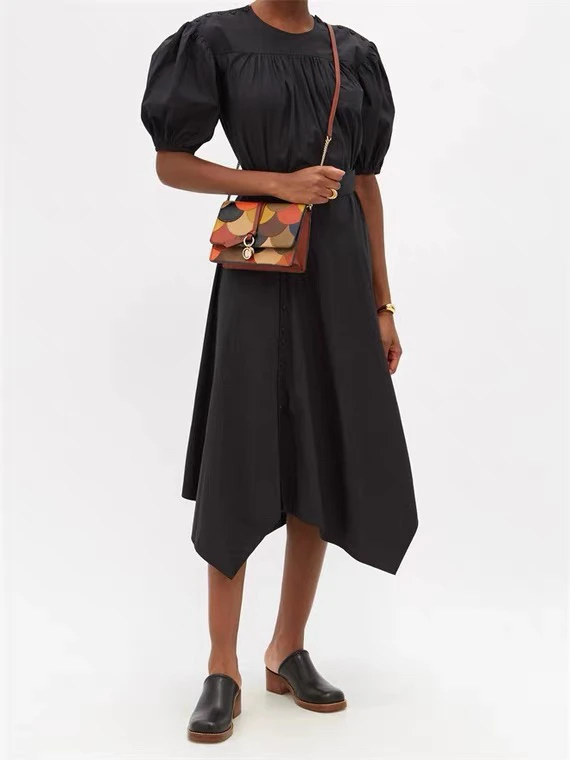 

Женское асимметричное платье миди с коротким рукавом-фонариком, однотонное Хлопковое платье