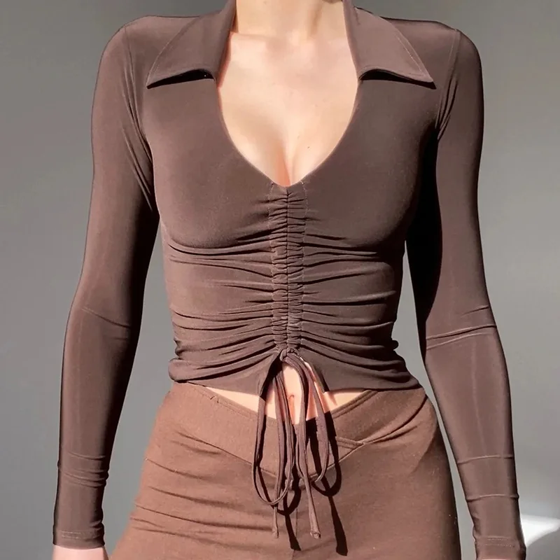 

TFETTERS Sexy Low-cut Chest Tops Women European Style 2022 New Retro T Shirt Pleated Slim Long Sleeve T-shirt Casual Lapel Tees