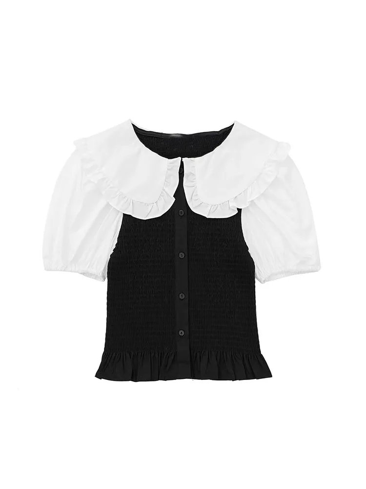 

Новинка, женская модная укороченная блузка из поплина в стиле пэчворк с кукольным воротником, винтажные женские рубашки с пышными рукавами и пуговицами, шикарные топы