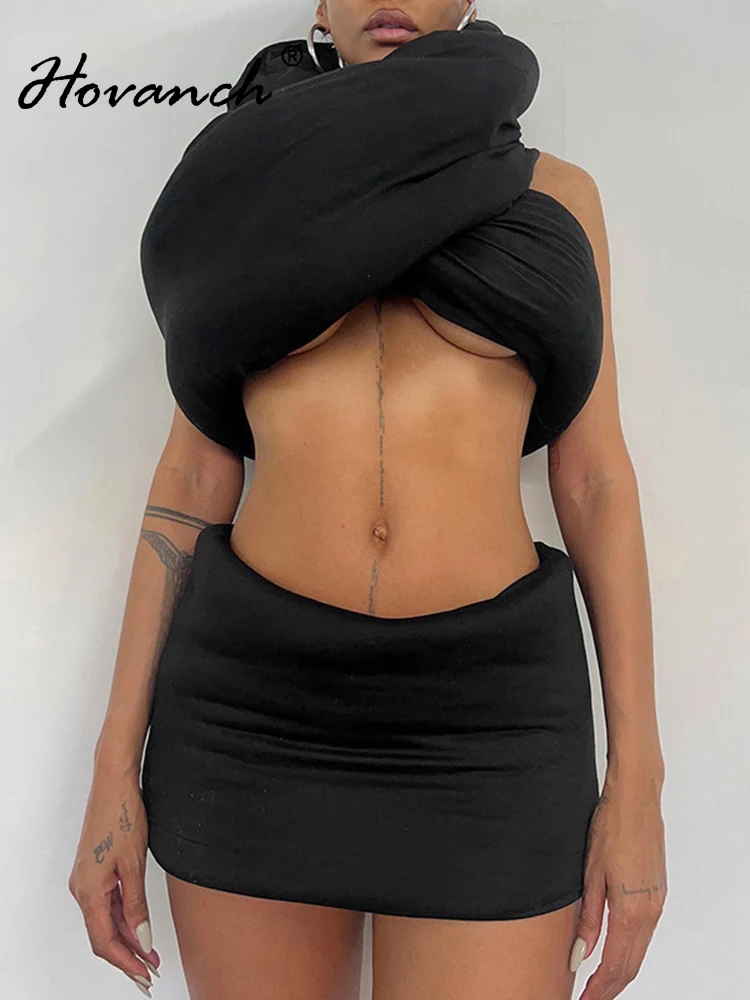 

Комплект из двух предметов Hovanch, однотонный Теплый Женский пикантный топ на молнии с перекрестными лямками и мини-юбка на бедрах, подходящая осень 2023, Y2K, уличная одежда