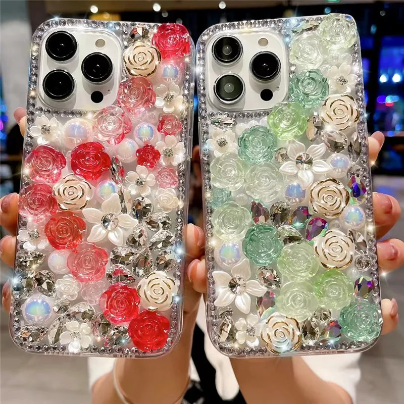 

Luxury Bling Diamond Rose Flower Phone Case for Samsung S23 Ultra S22 S21 FE S20 S10 S9 Note 10 Lite 20 9 8 Jewelled Back Cover