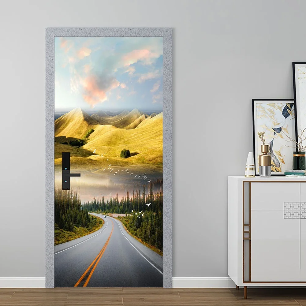 

38.5x200cm 3D Highway Landscape Pattern Door Sticker Bedroom DIY PVC Waterproof Self-Adhesive Wallpaper Home Decor Mural Decal