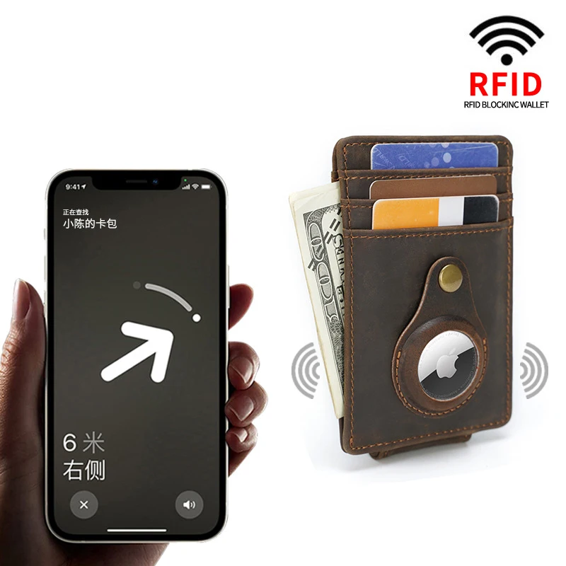 Genuine Leather Air Tag Wallet Case Holder Slim Minimalist RFID Blocking Card Holder Front Pocket Wallet for AirTag