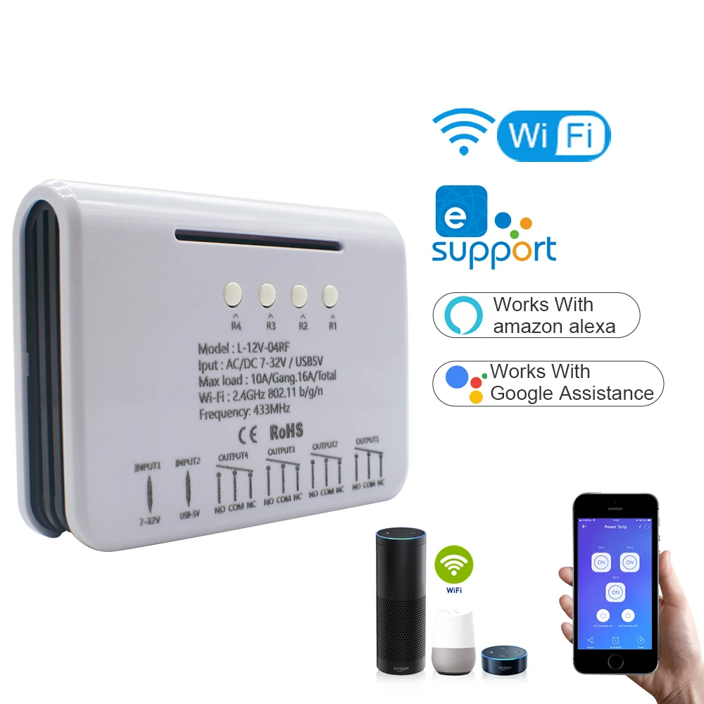 

EWELINK Smart Remote Control Wireless 4CH Wifi Switch Module DC/AC 7-32V 85-250V 220V 24V RF Receiver 10A WIFI Relay For Alexa